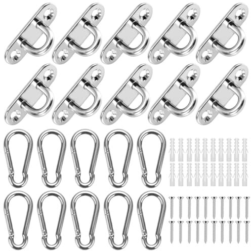 Yuragim Edelstahl Karabiner und Edelstahl Augplatte mit Öse, 10 Stück 5mm Decksplatte, Deckenhaken, Augplatten mit Öse für Sonnensegel/Wand-Befestigung, Decken-Befestigung, Wand-Haken, Decken-Haken