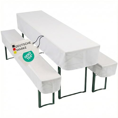 NYVI Biertischhussen Set NYVIGala Weiß - 3-teiliges Hussen-Set für Bierzeltgarnitur - Tischhusse für 70x220 cm Biertische & 2 Bierbankhussen für 220x25 cm Sitzbänke - Waschbar, Oeko-TEX 100
