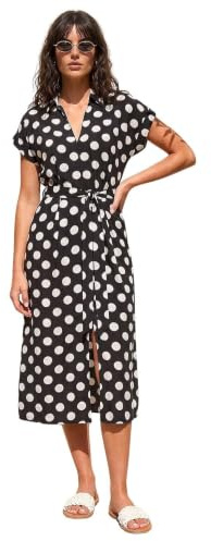 Roman Shirt Dress for Women UK Ladies Short Sleeve Sleeveless Belted Collared Midi Maxi Summer Spring Smart Casual Button Evening Office A Line Swing Skater - Noir Spot - Size 20