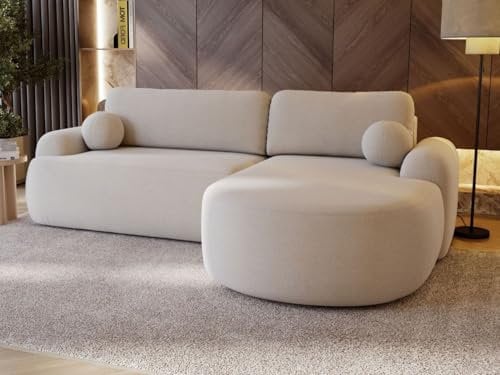 GRAINGOLD Aurio Ecksofa mit Schlaffunktion & Bettkasten 261x177 cm, L-Form Sofa mit Stauraum, Schlafcouch für Wohnzimmer, Bouclé-Stoff, 3-Sitzer Eckcouch, Modernes Design (Creme, Rechts)