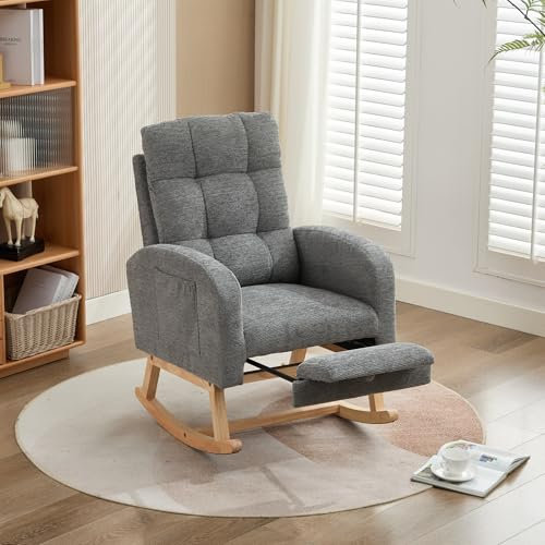 Chronetix Teddy Samt Schaukelstuhl Grau Mit Massivholzgestell Hohe Rückenlehne Ergonomischer Loungesessel Mit Seitentasche Und Fußstütze Für Wohnzimmer Schlafzimmer Kinderzimmer