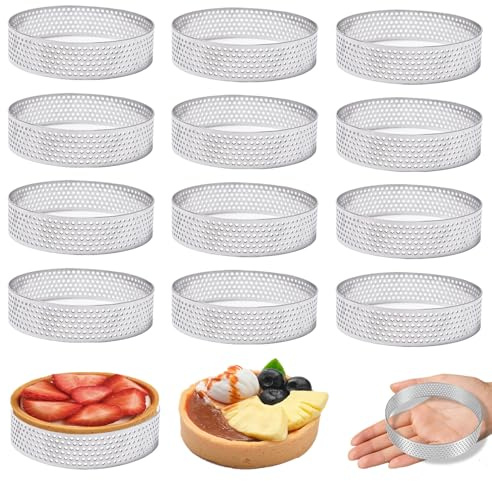 CAAGGMM Anello Crostata, 12 Pezzi 8 Cm Mousse per Tartellette in Acciaio Inossidabile, Microforato Crostata Stampo Rotondo, Anelli Rotondi per Torte, per Muffin, Ciambelle, Budini