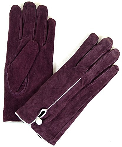 SNUGRUGS Womens Soft Suede Gloves with Leather Piping, Button Detailing