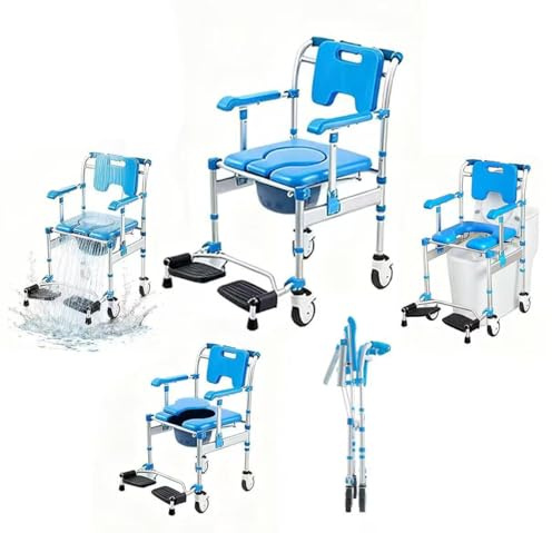 Rexhan 3 in 1 Foldable Shower Wheelchair, Commode Toilet Chair, Folding WC Chair, Potty Chair, Flip-up Armrest, Adjustable Height, Lightweight, Aluminium Frame, Wheel Brakes, 5L Removable Bucket