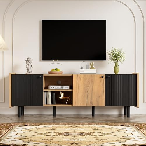 Generisch Meuble TV moderne de 160 cm, noir et couleur bois, avec trois portes et deux compartiments ouverts