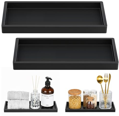Luxspire Bathroom Vanity Tray 2 Pack 30 x 13cm, Matte Black | Thickened Silicone, Non-Slip Black Tray for Soap Dispenser, Organiser Tray for Bathroom Countertop Kitchen Sink