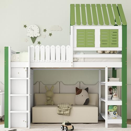 Hochbett für Kinder 90x200 cm, Kinderbett Mit Dach & Fenster, Fallschutzgitter, Kleiderschrank & Dreistufiger Leiter, Stauraum mit Dreischichtigem Lagerregal, Kiefer+MDF+Sperrholz, Weiß & Grün