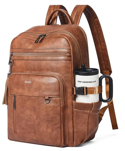 Shrrie Vegan Leather Laptop Backpack for Women,17 Inch Computer Backpack Purse for Work Business College Travel Teacher Nurse with Anti-theft Pocket & Giant Tumbler Holder Pocket,Caramel Brown