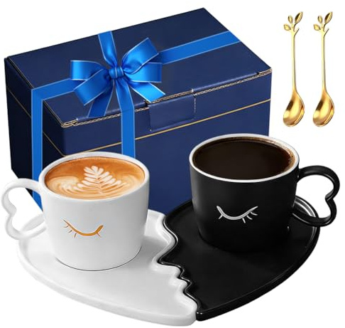 Keramik Tasse Set für Paare – 2er Partnertassen aus Küssende mit Untertassen, 200 ml Kaffeetassen für Männer & Frauen, Romantisches Geschenk zur Hochzeit, Verlobung, Hochzeitstag und Valentinstag