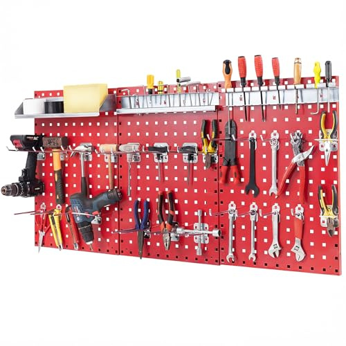 HOMFME Wall Mounted Peg Board Kit, Metal Pegboard Set with Hanging Hooks, Utility DIY Peg Panel Organiser for Home Kitchen Workshop Garage (Red, 3PCS Pegboards+ 28PCS Accessories)