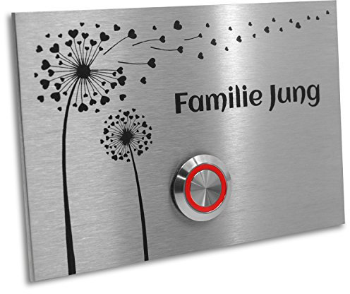 Jung-Edelstahl-Design Türklingel | Klingelschild Motiv Pusteblume. Klingelplatte 12x8 cm.| Haustürklingel V2A Edelstahl LED Taster (rot)