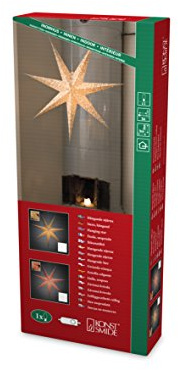 Konstsmide Weißer Papierstern, perforiert mit gold bedruckten Schneeflocken, 7 Zacken, inkl. Anschlusskabel mit an/aus Schalter, ohne Leuchtmittel, E14 Gewinde, 230V, Innen, weißes Kabel - 2912-280