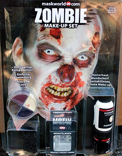 Hochwertiges Halloween Schminke Komplett-Set ZOMBIE mit perfekt abgestimmten Komponenten - Make-Up - Horrorhaut - Wundschorf - Kontaktlinsen