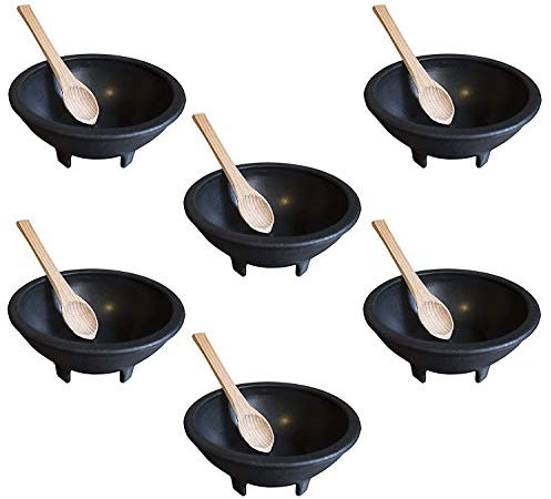 6 Pack of Salsa Chip and Dip Snack Bowls Combo- With Wooden Spoons - Salsa Bowls, Black Plastic Mexican Molcajete Chips Guacamole, Serving Dish, Sauce Cup, Side dish, Snack Great to use at any Event