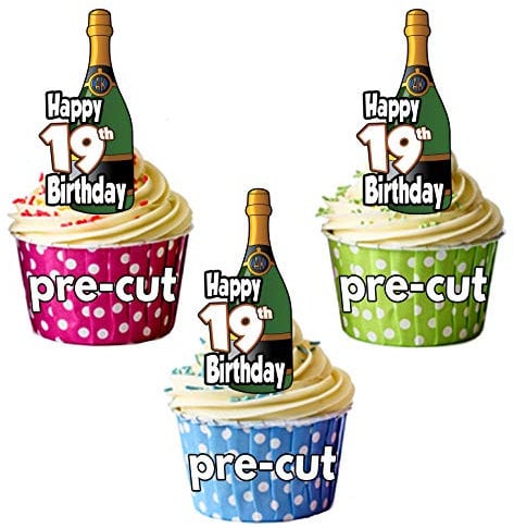 AK Giftshop Happy 19th Birthday Champagne Bottles - Precut Edible Cupcake Toppers/Cake Decorations - Mens - Ladies - Celebrations - Party (Pack of 12)