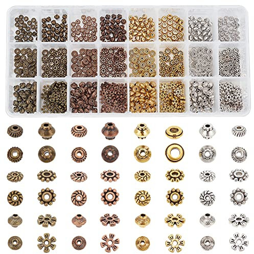 PandaHall 720pcs Metall Abstandsperlen, 6-Stil Tibetan Gear Bicone Blume Perlen Legierung Schmuck Lose Perlen für Armband Halskette Schmuck Herstellung (Antik Silber, Bronze, Golden, Rose Golden)