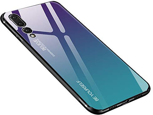 generisch Hülle Kompatibel mit Huawei P20 Pro, Gehärtetes Glas Zurück mit Weichem TPU Silikon Rahmen Handyhülle Farbverlauf Farbe Case Schutzhülle für Huawei P20 Pro (Lila-Blau)