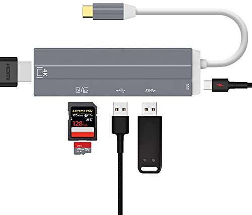 USB C Hub mit 4K HDMI 6-in-1 Adapter - Daffodil HUB05 - PD Port, USB 3.0/2.0, SD/TF Kartenleser, Ultra leicht Slim - kompatibel mit MacBook ChromeBook Surface Android Projektor Windows Dex PC Laptop