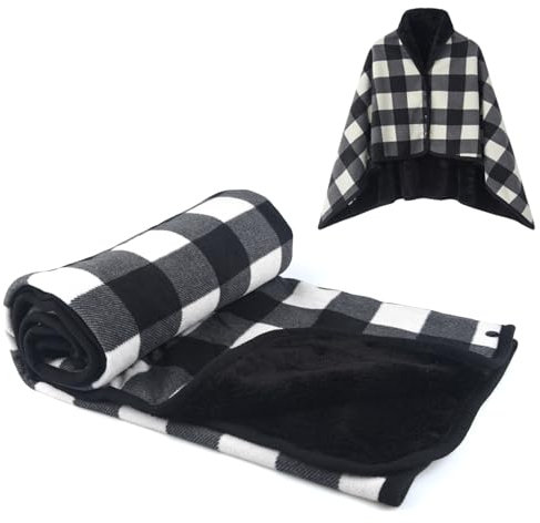 forestfish Fleecedecke, tragbar, kariert, Überwurf mit Knöpfen für Bett, Sofa, Büro, Schwarz-Weiß