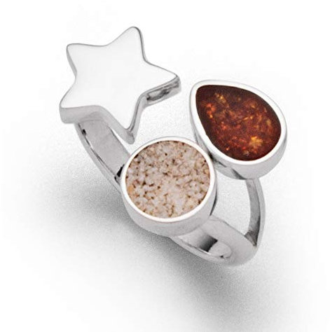 DUR Ring Trio aus 925 Sterling Silber mit Stern, Bernsteintropfen, Sandkreis veredelt, Silber/Weiß/Braun/Sand, Größe: 54, R5406.54