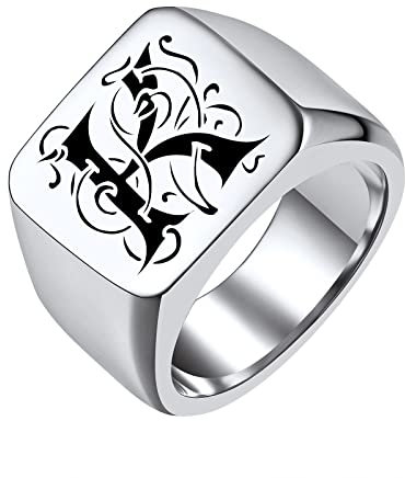 FindChic Cavaliere da uomo in acciaio inossidabile, anello per adolescenti, grande incisione lettera iniziale, anello piatto personalizzato Punk massiccio spesso[argento/placca oro/nero-52/54/57/59/62