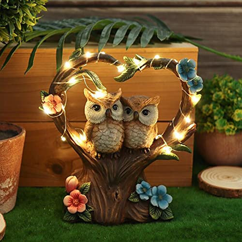 BIOSA Gartendeko Eule Solar Leuchte, Paare Eulen Harzskulptur Ornamente Wetterfest Mit Led Lichtern for Garten Rasen Hof Innen Außen Deko, Geschenk for Valentinstag Geburtstag