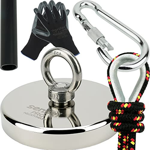 SENSEI Set 600 kg, N52 Neodym-Magnet mit Öse, Ø12 x H2 cm, Segelseil 25 m, Schutzhandschuhe + Zubehör, Set mit Ösenmagnet zum Magnetfischen im Wasser