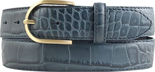 BELTINGER Damen-Gürtel mit Krokoprägung 3,5 cm | Leder-Gürtel für Damen 35mm Kroko-Optik | Kroko-Muster mit runder, goldener Gürtelschnalle | Jeansblau 110cm