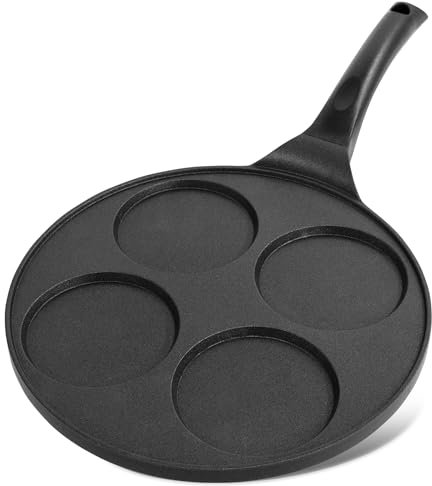 Joejis 4 Hole Pancake Pan 26cm - Non Stick and Induction Suitable - Mini Egg Crepe Tadka Pan - Lightweight Cast Aluminium - Pancake Frying Pan - Black