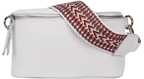 SH Leder echt Leder Damen stylisch Hüfttasche Brusttasche für Alltag Reise Festival Bauchtasche elegant Crossbody mit Verstellbarer welchsellbar Stoff Schultergurt 22x13cm Helena G494 (Weiss, M)