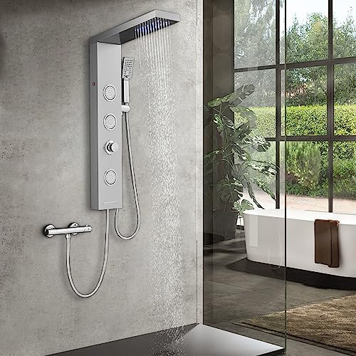 ROVOGO LED Duschpaneel ohne Armatur, Duschsäule mit 4 Funktionen, Regendusche ohne Armatur, Massagedusche, Handbrause und Wanneneinlauf für Badezimmer Dusche, Schmal Duschsäule Edelstahl Gebürstet