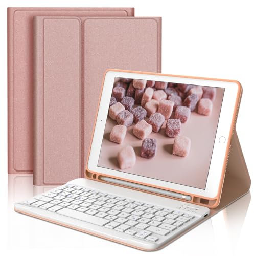JADEMALL Für iPad 9 Generation Hülle mit Tastatur für iPad 10.2 Zoll (7./8./9. Gen 2019-2021) – Abnehmbare Bluetooth Tastatur, Deutsches QWERTZ, Stifthalter, TPU, Hervorragende Haptik, Sakura-Pulver