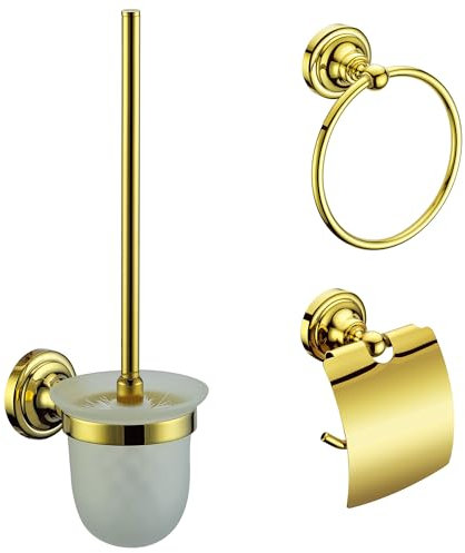 Goldenes Badezimmerset: Toilettenpapierhalter, WC-Bürste mit Halter und Handtuchring (BDZS-G)