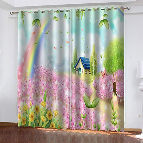 Blickdichte Vorhänge Mit Motiv 3D Rosa Blume Cottage Kinder Gardinen Blickdicht Ösen Gardine Thermo 264x214 cm Schlafzimmer Kinderzimmer Vorhänge Dekoratives Muster, Verdunklungsvorhänge