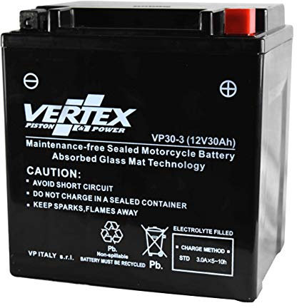 Vertex VP30-3 Sealed AGM Motorcycle/Powersport Battery, 12V, 30Ah, Replaces: CTX30L/BS, YTX30 for Motorcycle, ATV's, Personal Watercraft and Snowmobiles, 16.8 x 12.7 x 17.6cm