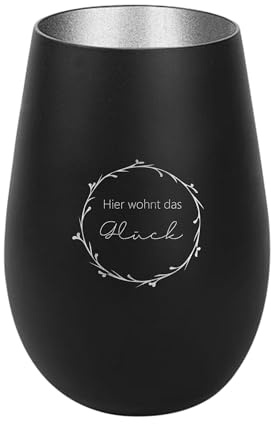 Der-Porzellan-Laden Windlicht mit Gravur Hier wohnt das Glück, Schwarz Silber, Teelichthalter aus Glas mit Spruch, Tischdeko modern