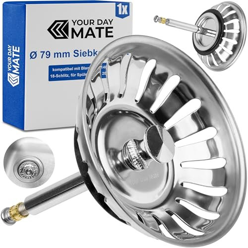 Spülbecken Siebkörbchen, Ø 79 mm, Ersatz für 119146, kompatibel mit Blanco 3,5 Ablaufgarnituren ab Bj. 2011, 18 Schlitze Siebkorb, 52-97 mm Exzenter Zapfen, Ø 8 mm Stift, Zubehör für Küchenspüle