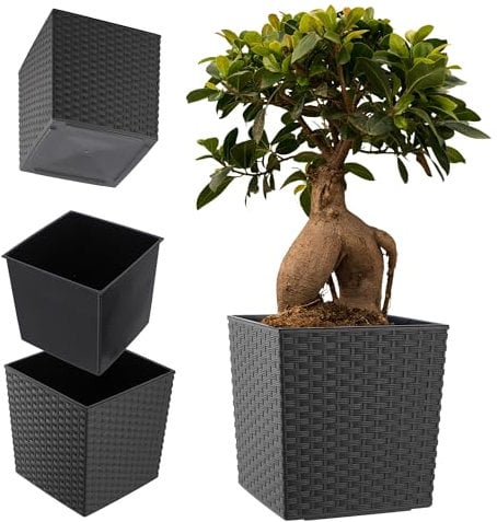 KADAX Jardinière Carrée 26 cm Rotin Gris – Grand Pot de Fleurs en Plastique pour Intérieur et Extérieur, Idéal pour la Décoration de Jardin, Terrasse et Balcon