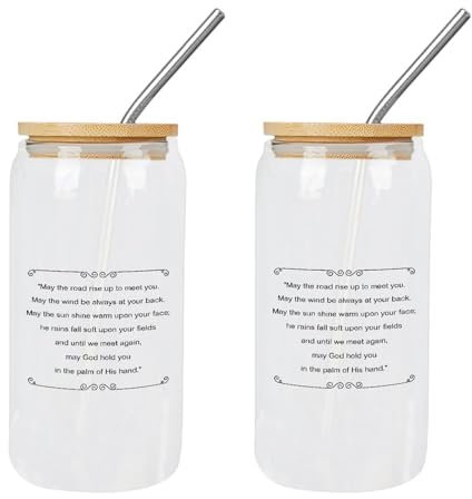 Yelolyio Glasbecher mit Bambusdeckel, Aufschrift May The Road Rise Up to Meet You, Geschenk für Muttertag, ideal für Boba-Tee, Whiskey, Wasser, 2 Stück