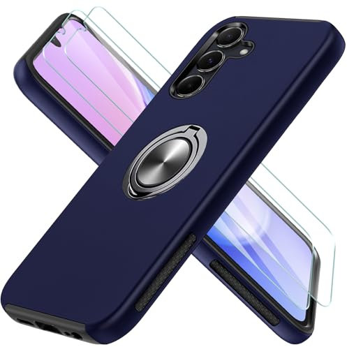 Guisessy für Samsung Galaxy A15 5G / 4G Hülle mit 2 Stück Schutzfolie, [Eingebetteter Ständer] [Militärgrad] Unzerstörbar Mehrschichtig Schutzstoß Handyhülle für Samsung A15 5G (Dunkelblau)