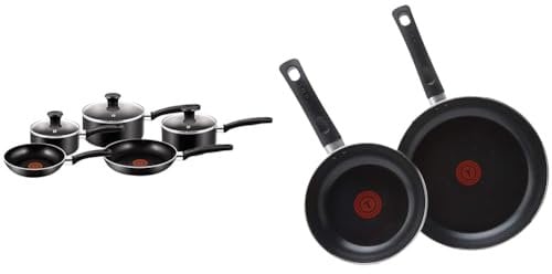 Tefal Essential, Aluminium Pots and Pans Set, 16 cm, 18 cm and 20 cm Saucepans with Lids & Taste Twin Pack, Aluminium Frying Pans, Pan Set, Pans 20 cm and 28 cm diameter, Non-Stick
