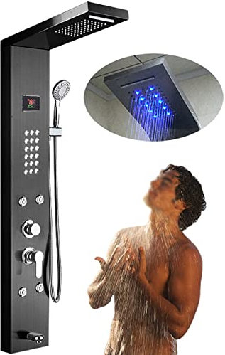 LZDOYY Colonne de Douche hydromassante LED 6 Jets Système de Douche Panneau de Douche Multifonctionnel système de Douche en Acier Inoxydable,Black