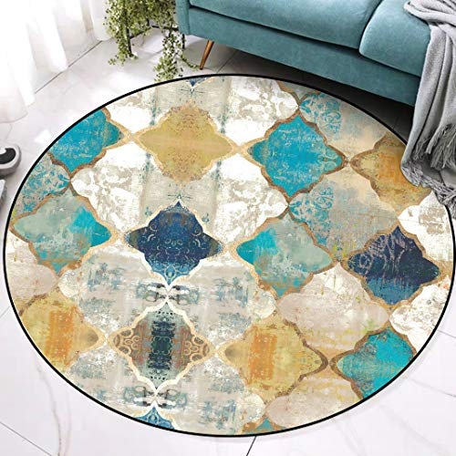 GUGJHFVH Kurzflor Weich Teppich Rund Für Wohnzimmer ø 160 cm, Schlafzimmer, Waschbarer rutschfest Teppich Rund Für Esszimmer Küche Retro-Teppich mit Geometrischem Muster in Blau Und Gelb