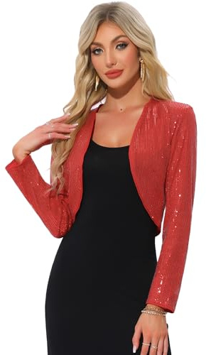 Allegra K Damen Pailletten Bolero Jacke Offene Vorderseite Party | Kragenloses Design Knopflose Offene Vorderseite Ideal für Alltag Verabredung Urlaub Wochenende Weihnachten