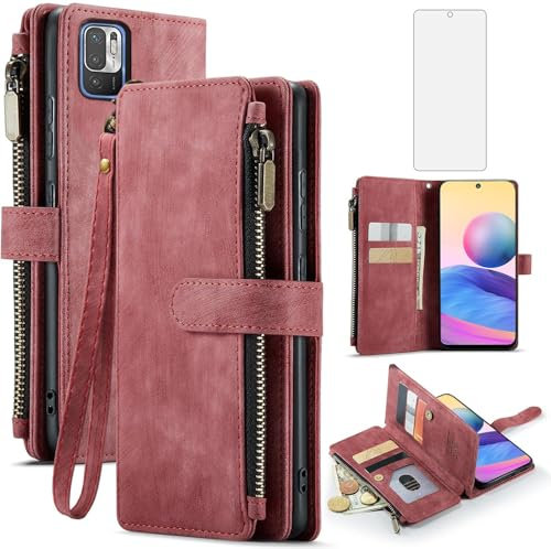 Asuwish Funda para Xiaomi Redmi Note 10 5G/Poco M3 Pro con Cristal Templado Protector Pantalla Pelicula Protectora Libro Cuero Piel Tarjetero Note10 10T G5 M2103K19G Tapa Carcasa Capa Case Rojo