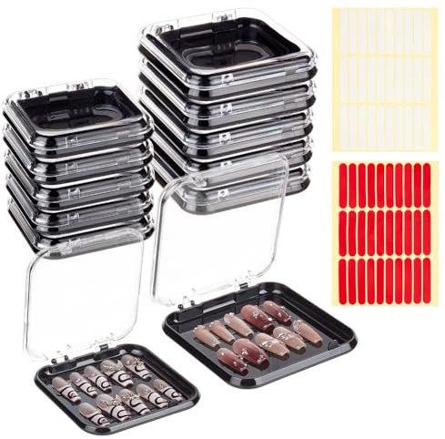 BENECREAT 20 boîte de Rangement Ongles à Pression 2 tailles Boîte D'Emballage Transparente et Noire pour Présentoir D'Ongles Artificiels avec Ruban Adhésif Double Face Vitrine pour Salon de Manucure