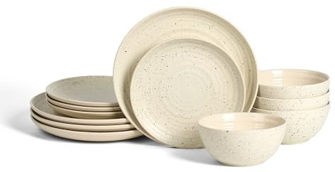 Stone Lain Dua 12-Piece Dinnerware - Stoneware, Plate and Bowls, Dishwasher and Microwave Safe, Dish Set for 4, White