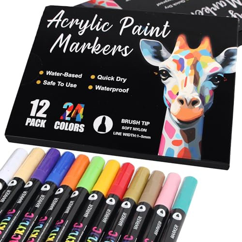 AEDAGA 24 Farben Acrylstifte, 12er Doppelspitze Pinselspitze Acrylic Marker, Acrylmarker für Kinder & Erwachsene, Acryl Marker für Steine, Eier, Holz, Leinwand, Kunststoff, Glas & Keramik