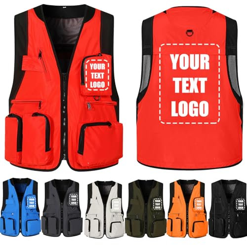 Wunnxikiee Personalisierte Warnweste Mit Druckoption - Bedruckbare Sicherheitsweste Mit Logo, Text Oder Foto - Arbeitsweste Aus Baumwolle Mit Mehreren Taschen