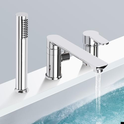 3-Loch Badewannenarmatur Einzelgriff Wannenrandarmatur mit Ausziehbarem Handbrause und 360° Drehbare Wasseraustrittsdüse Wannenrand Badewanne Armaturen Set für Hotels Schwimmbäder